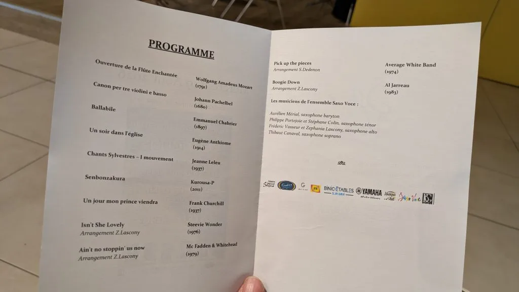Programme du concert Saxo voce entre classique et Jazz